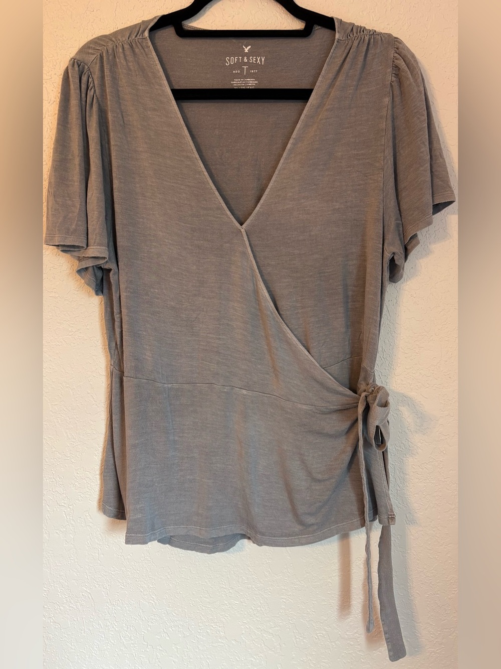 American Eagle Outfitters Heathered Blue-Gray Wrap Tie Blouse